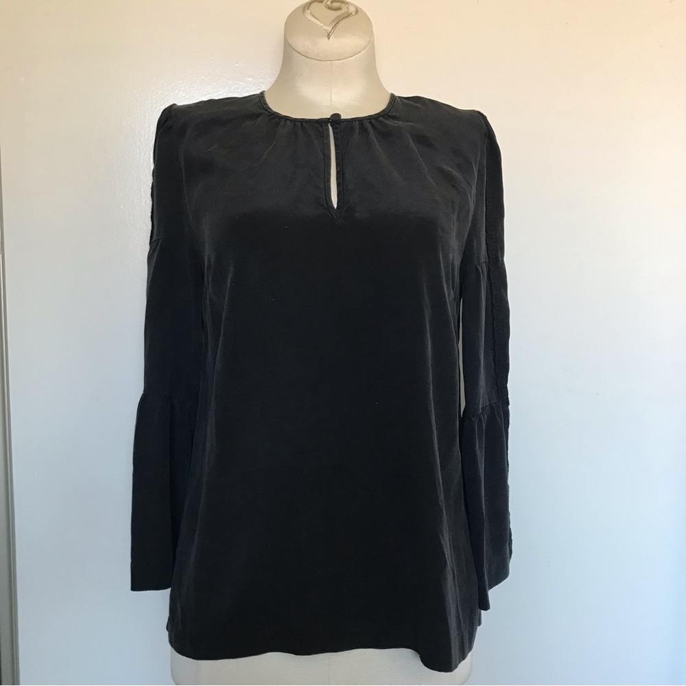 J. Crew 100% Silk Keyhole Button Ruched Collar Lace Tiered Long Sleeve Black 00